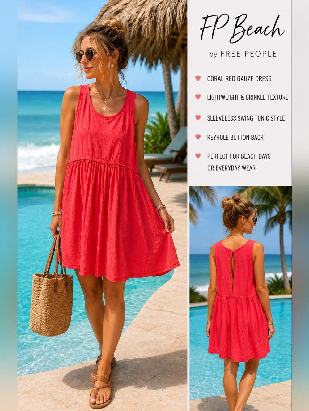 FP Beach by Free People Coral Red Crinkle Gauze Sleeveless Swing Tunic Dress M
